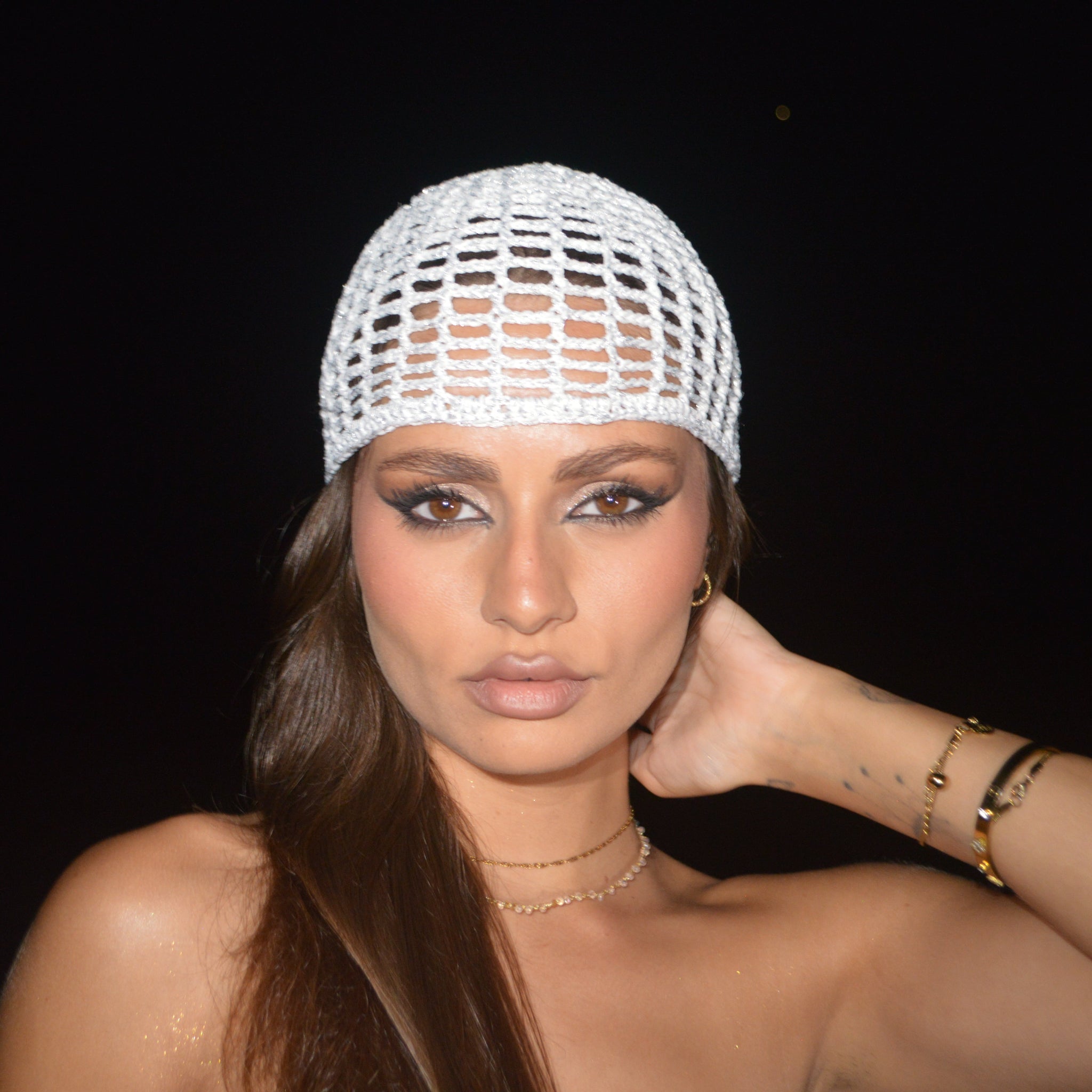 Mesh Crochet Hat –  Ivory Silver