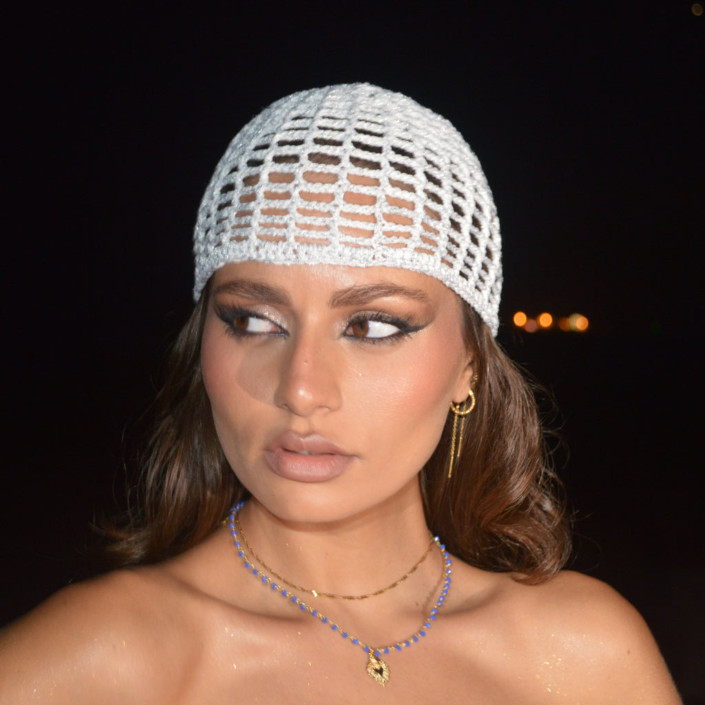 Mesh Crochet Hat –  Ivory Silver